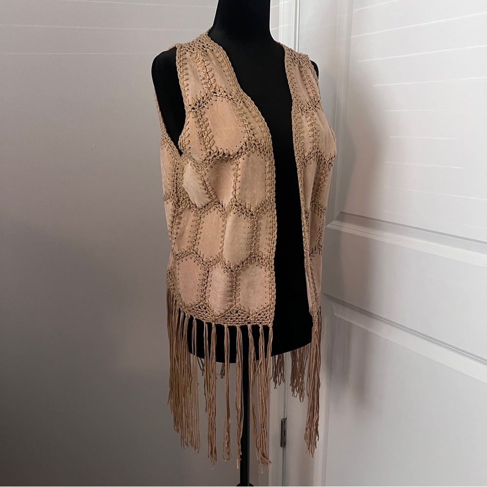 Molly Bracken Tan Fringe Crochet Vest
